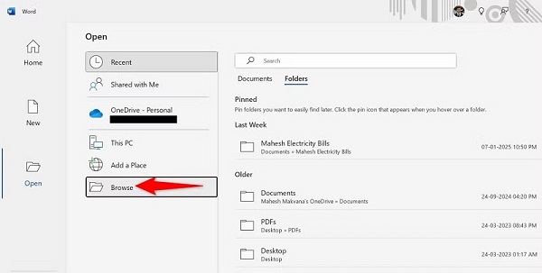 از منوی کناری سمت چپ، گزینه Open > Browse را انتخاب کنید. به پوشه‌ای که فایل PDF در آن قرار دارد بروید و فایل را برای باز کردن در Word دوبار کلیک کنید.