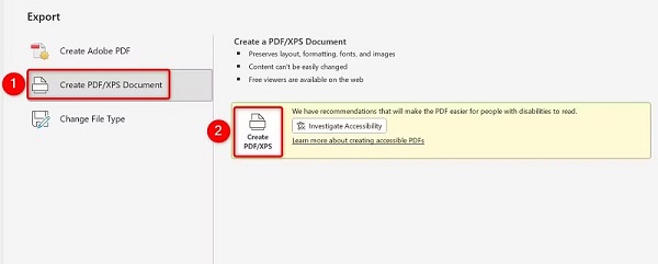 در سمت چپ، گزینه Create PDF/XPS Document و سپس در سمت راست Create PDF/XPS را انتخاب کنید.