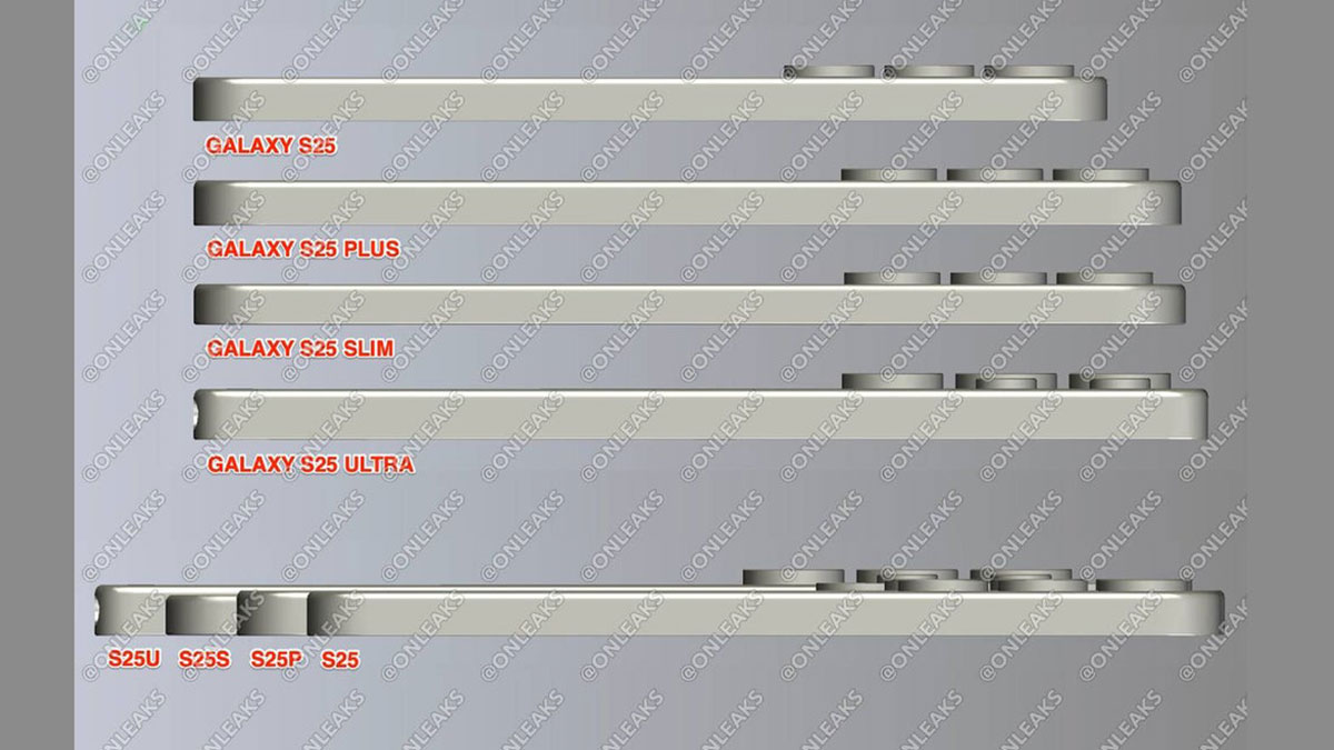 این عکس‌ها ضخامت گلکسی اس 25 اسلیم را در مقایسه با سایر مدل‌های S25 نمایش می‌دهند