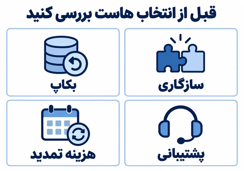 معیارهای مقایسه هاست برای سایت شخصی شامل سازگاری، بکاپ، پشتیبانی و هزینه تمدید